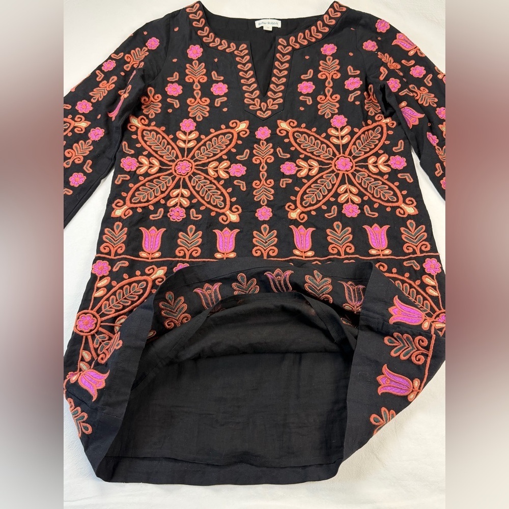Roller Rabbit Black Pink Embroidered Boho Mini Dress Tunic Shift Dress XS - Picture 10 of 12
